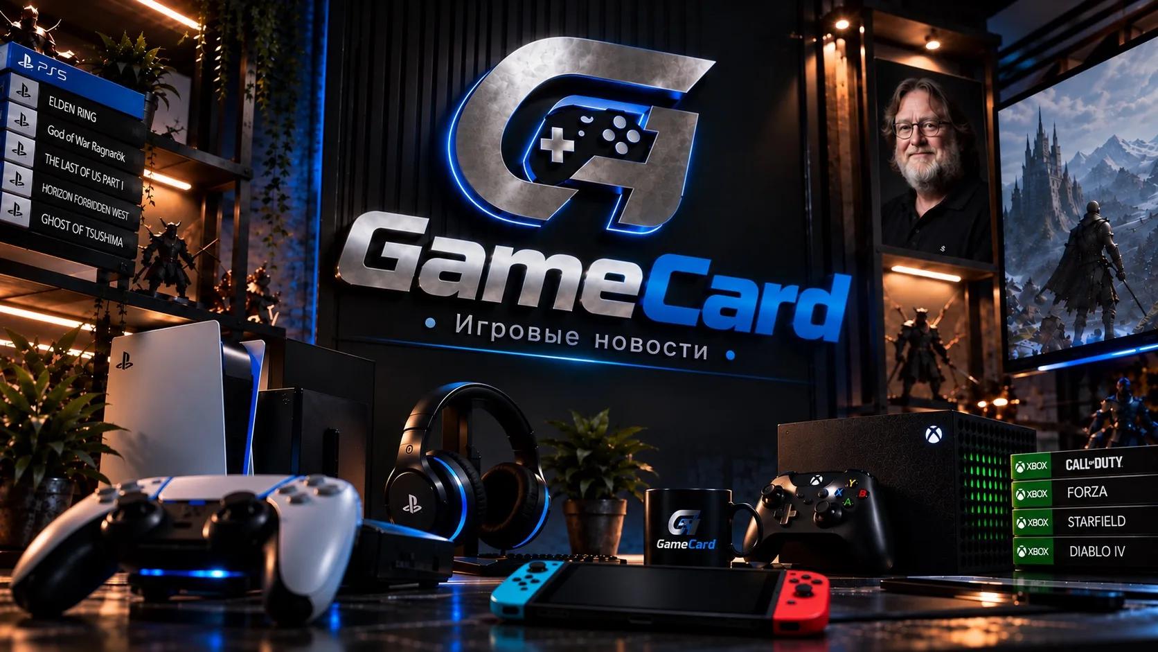 Фирменная обложка GameCard: серебристый логотип с синей подсветкой в игровой комнате